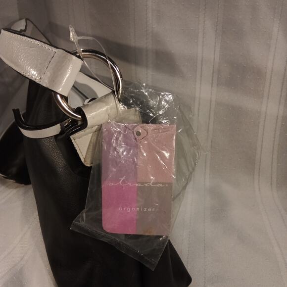 Strada Black & White Vinyl Shoulder Bag w/ Mini Pouch NWT Organizer - Picture 7 of 11